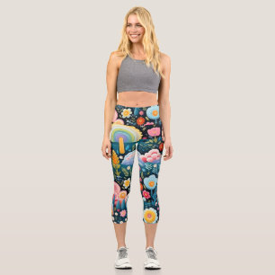 Whimsical Rainbow Garden Floral Fantasy Pattern Capri Leggings