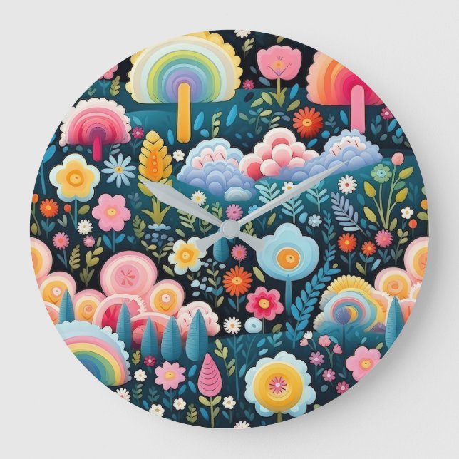 Whimsical Rainbow Garden Floral Fantasy Pattern Large Clock (Front)