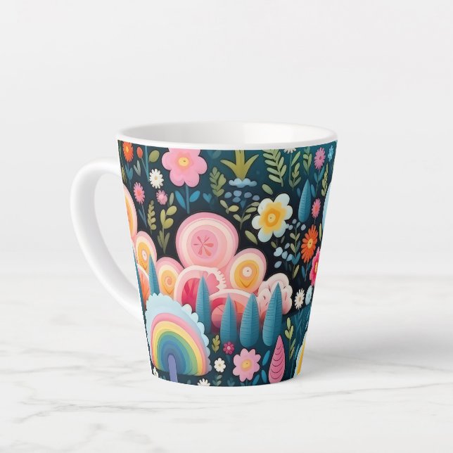 Whimsical Rainbow Garden Floral Fantasy Pattern Latte Mug (Left Angle)