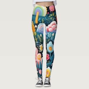 Whimsical Rainbow Garden Floral Fantasy Pattern Leggings