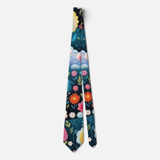 Whimsical Rainbow Garden Floral Fantasy Pattern Tie (Front)