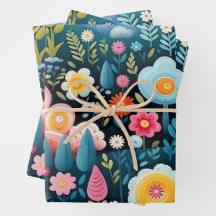 Whimsical Rainbow Garden Floral Fantasy Pattern Wrapping Paper Sheet