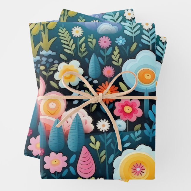 Whimsical Rainbow Garden Floral Fantasy Pattern Wrapping Paper Sheet (In situ)