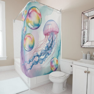 Whimsical Rainbow Jellyfish Watercolor Design Shower Curtain
