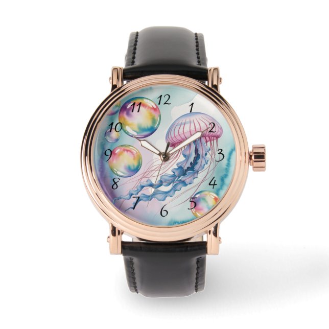 Whimsical Rainbow Jellyfish Watercolor Design Watch (Front)