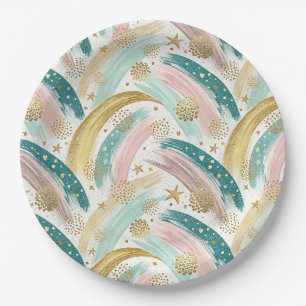 Whimsical Rainbow Pastel Abstract with Gold Stars Paper Plate