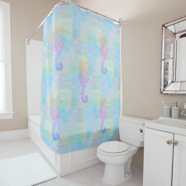 Whimsical Rainbow Pastels Sea Horse Shower Curtain (In Situ)