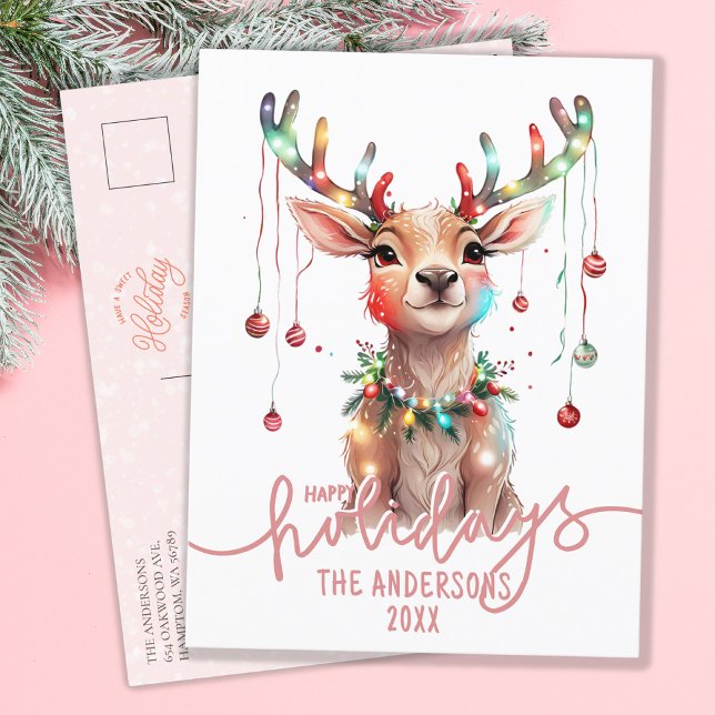 Whimsical Rainbow Reindeer and Christmas Lights Postcard (Creator Uploaded)