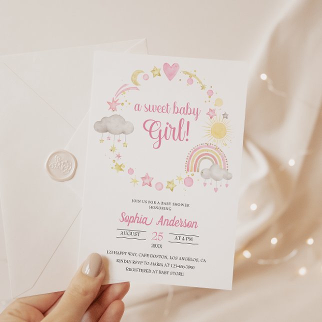 Whimsical Rainbow & Stars Baby Shower It's a Girl  Invitation (Creator Uploaded)