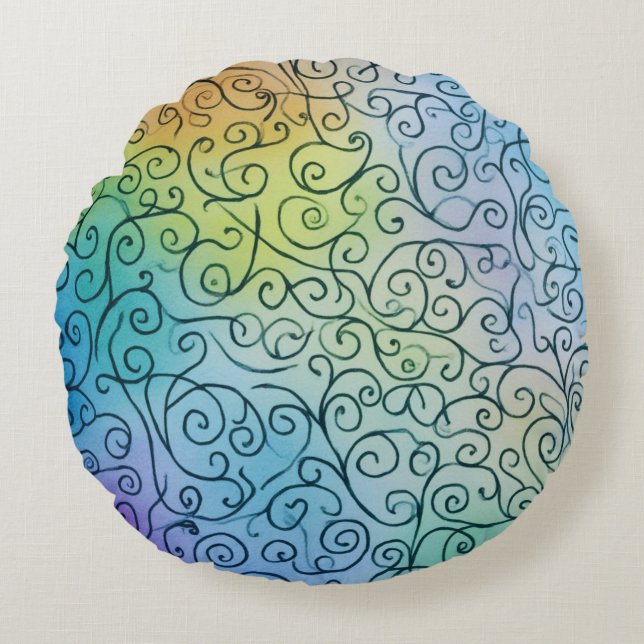 Whimsical Rainbow Swirl Pattern Abstract Colourful Round Cushion (Front)