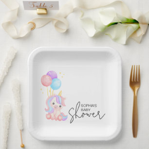 Whimsical Rainbow Unicorn Baby Shower Party Paper Plate
