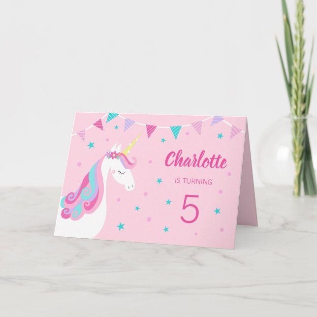 Whimsical Rainbow Unicorn Pink 5th Birthday Invitation (Front)