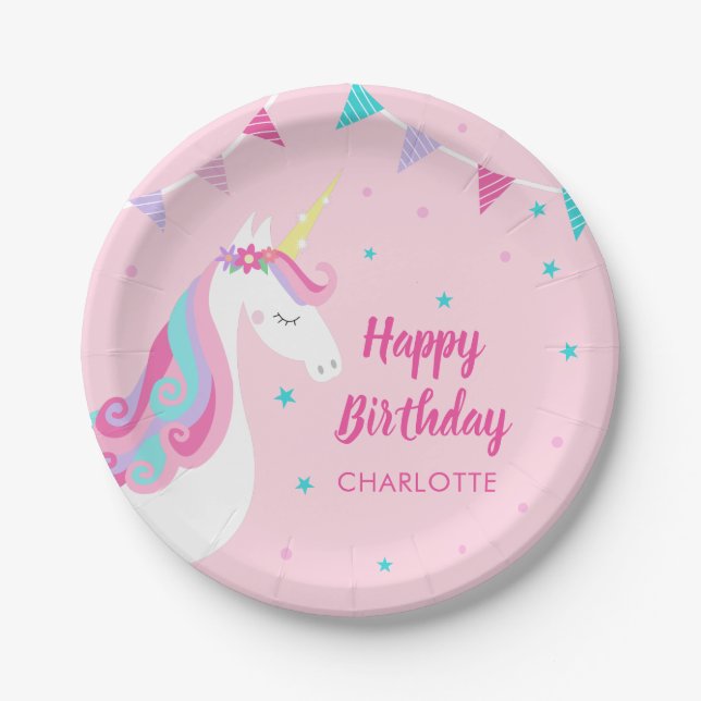 Whimsical Rainbow Unicorn Pink Happy Birthday  Paper Plate (Front)