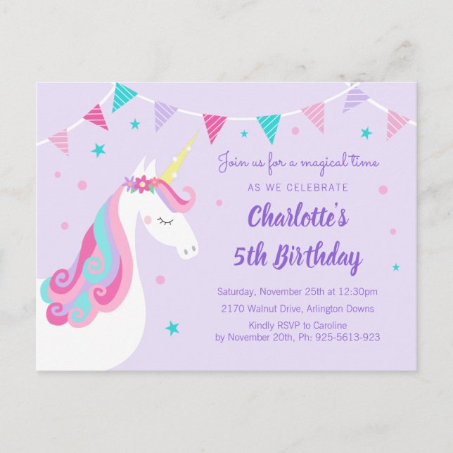 Whimsical Rainbow Unicorn Purple 5th Birthday Invitation Postcard (Front)