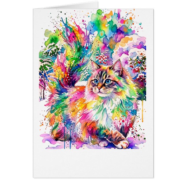 Whimsical Rainbow Watercolor Fluffy Cat in Winter  (Front)