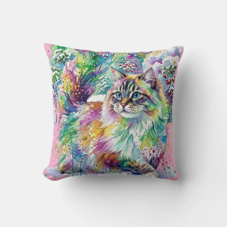 Whimsical Rainbow Watercolor Fluffy Cat in Winter Cushion