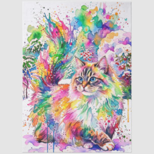 Whimsical Rainbow Watercolor Fluffy Cat in Winter Tissue Paper