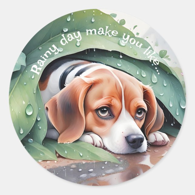 Whimsical Rainy Day Leaf Cover Beagle  Classic Round Sticker (Front)