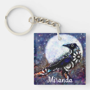 Whimsical Raven Moon Floral Abstract Personalised Key Ring