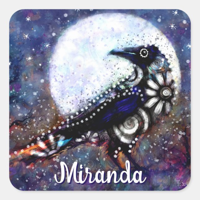 Whimsical Raven Moon Floral Abstract Personalised Square Sticker (Front)