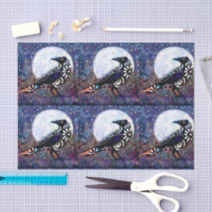 Whimsical Raven Moon Floral Black Decoupage Tissue Paper