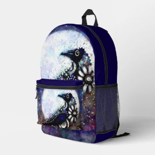 Whimsical Raven Moon Floral Black White Blue Printed Backpack