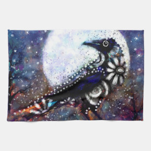 Whimsical Raven Moon Floral Black White Blue Tea Towel
