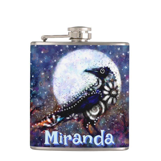 Whimsical Raven Moon Floral Personalised Hip Flask (Front)