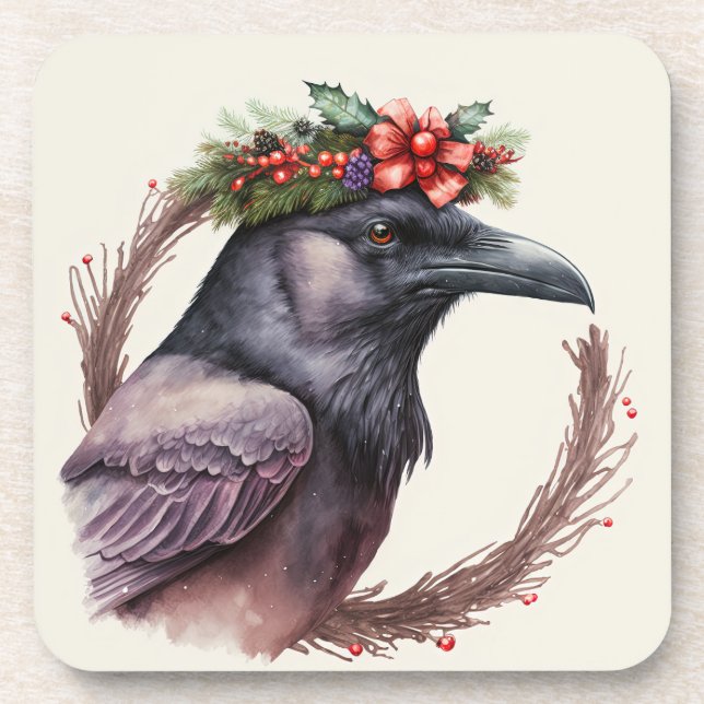 Whimsical Raven Winter Holidays/Christmas Coasters (Front)