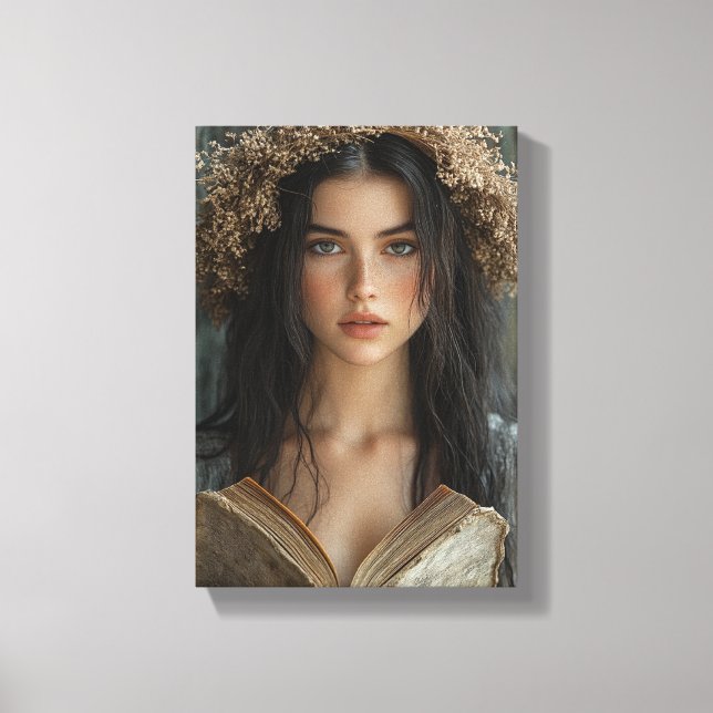 Whimsical Reader with Floral Crown Canvas Print (Front)
