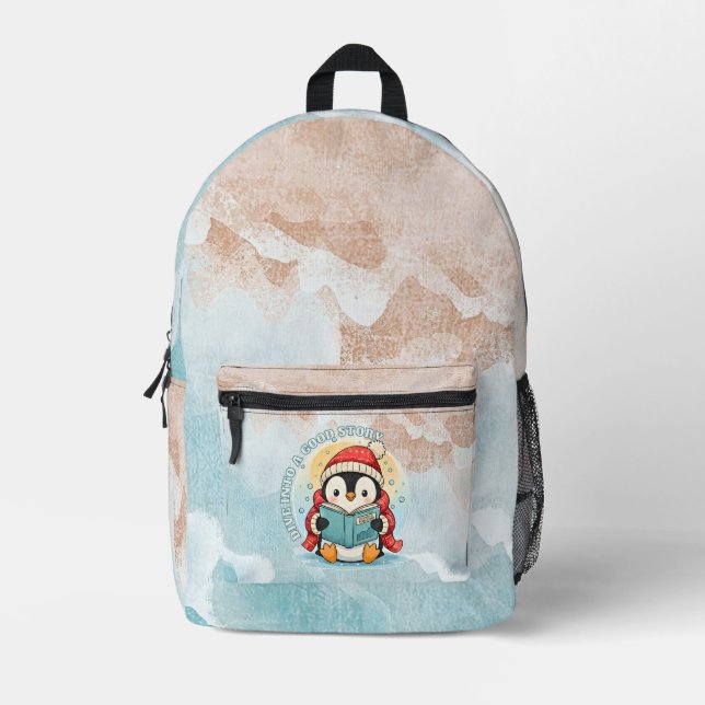 Whimsical Reading Penguin Aesthetic Scholar Printe Printed Backpack (Front)