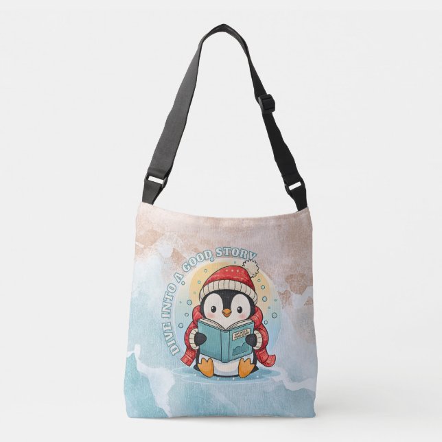 Whimsical Reading Penguin Artistic Cross-Body Bag (Front)
