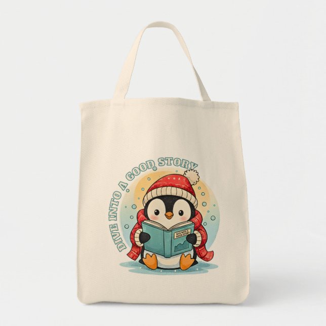 Whimsical Reading Penguin Eco Friendly Grocery  Tote Bag (Front)