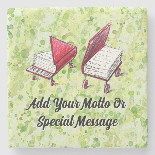 Whimsical Reads: Artistic Book Sketches On Lime Stone Coaster (Front)