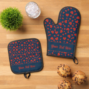 Whimsical Red and Blue Hearts Pattern Oven Mitt & Pot Holder Set