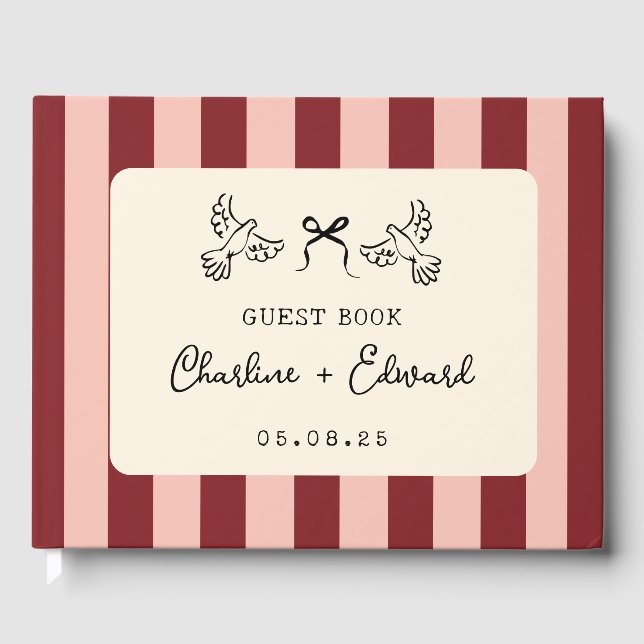 Whimsical Red and Blush Pink Striped Wedding  Guest Book (Front)