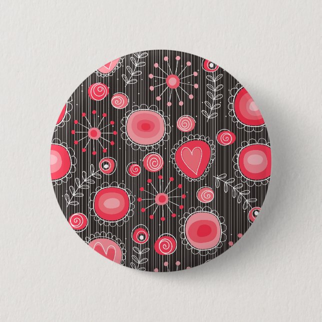 Whimsical red and grey hearts and flowers floral 6 cm round badge (Front)