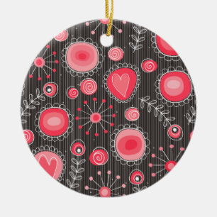 Whimsical red and grey hearts and flowers floral ceramic tree decoration