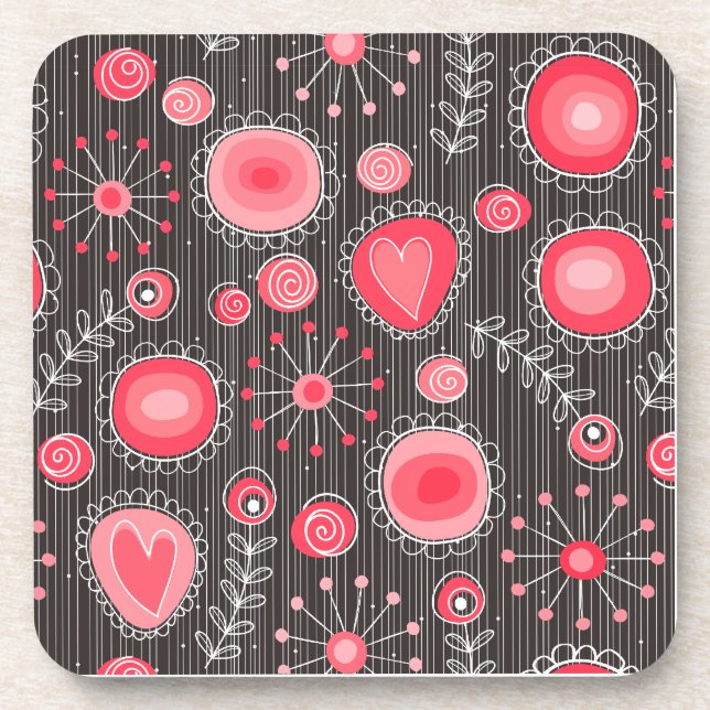 Whimsical red and grey hearts and flowers floral coaster (Front)