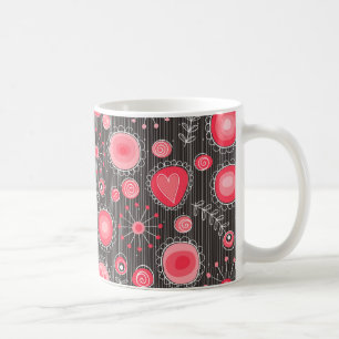 Whimsical red and grey hearts and flowers floral coffee mug