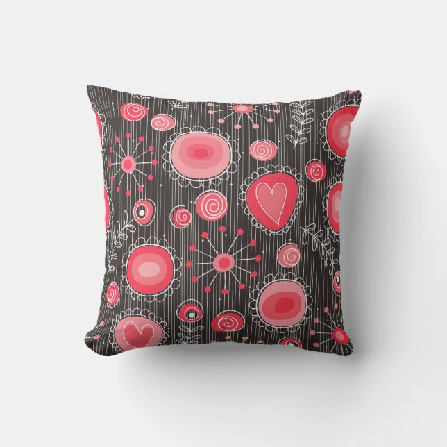 Whimsical red and grey hearts and flowers floral cushion (Front)