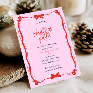 Whimsical Red and Pink Bow Christmas Party Invitation
