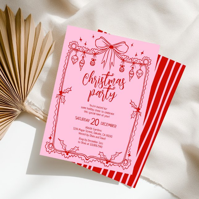 Whimsical Red and Pink Hand Drawn Christmas Party Invitation (Creator Uploaded)