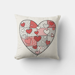Whimsical Red and Pink Patchwork Heart Collage Art Cushion