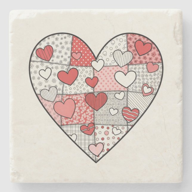 Whimsical Red and Pink Patchwork Heart Collage Art Stone Coaster (Front)