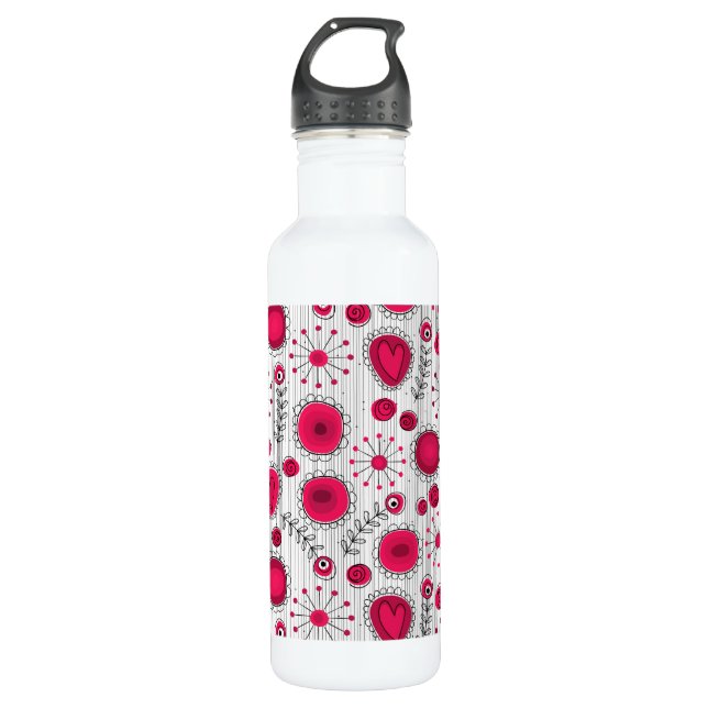 Whimsical red and white hearts and flowers floral 710 ml water bottle (Front)