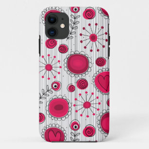 Whimsical red and white hearts and flowers floral iPhone 11 case