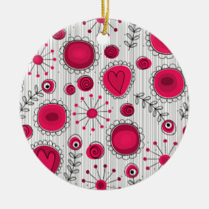 Whimsical red and white hearts and flowers floral ceramic tree decoration