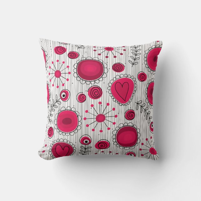 Whimsical red and white hearts and flowers floral cushion (Front)