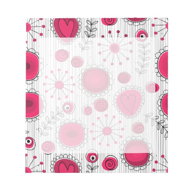 Whimsical red and white hearts and flowers floral notepad (Front)